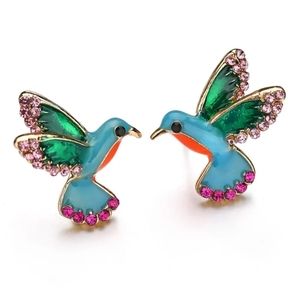 Hummingbird earrings enamel 3D wings crystals studs New Colorful birds